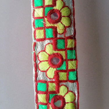 Gold Mirrored Fabric Trim With Yellow, Green And Red Floral And Square Embroidery, Approx. 32mm Wide